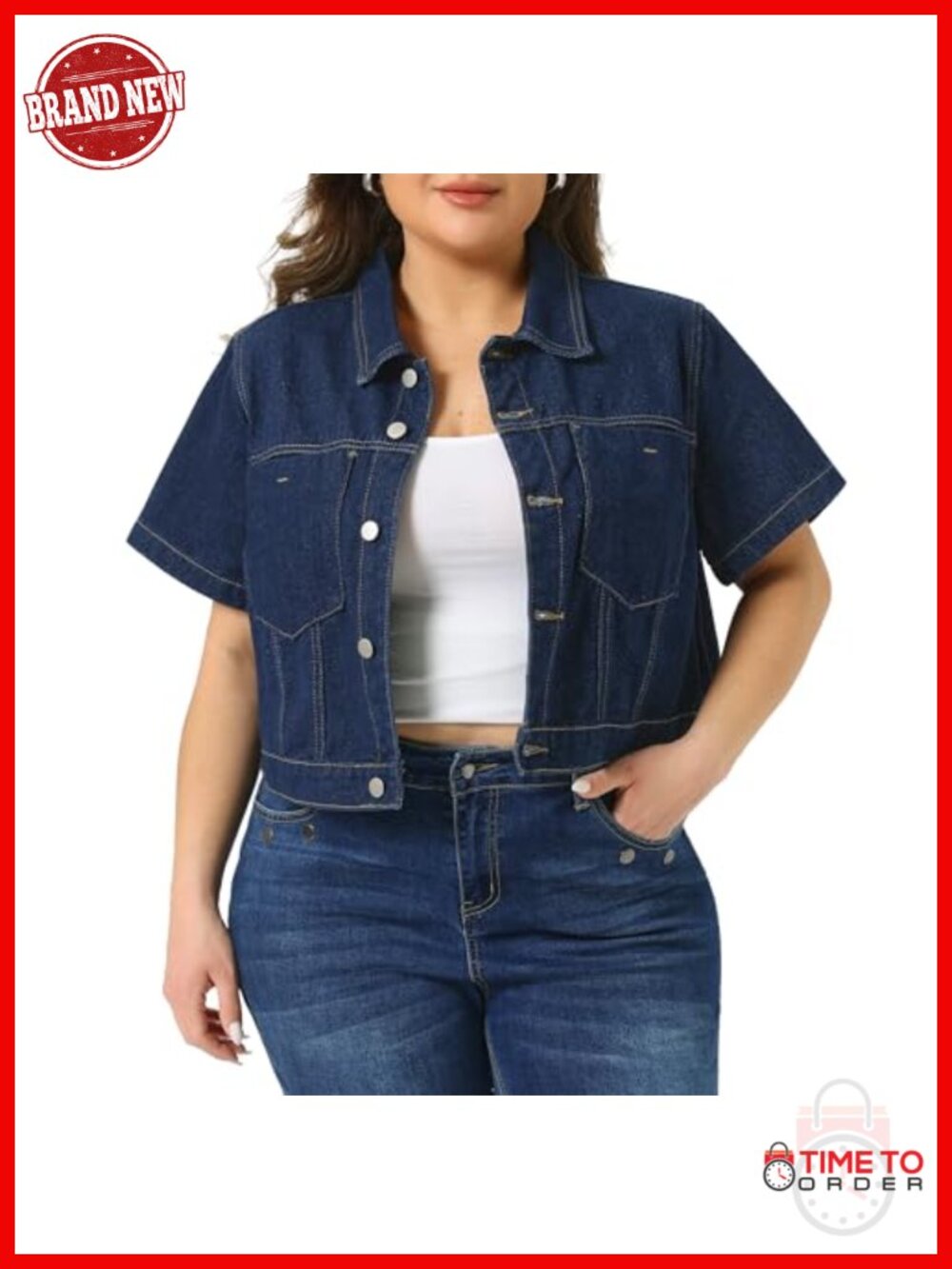 Plus Size Cropped Denim Jacket Button Front Jean Jacket